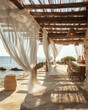 Mediterranean Patio with white veil curtains and table, on a sand beach