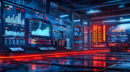 Wall Mural - the core of cyberspace: a futuristic computer room illuminated in blue, symbolizing advanced technol