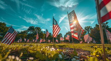 A Field Of American Flags On A Blue Sky Background. Holiday Concept For 4th Of July, President's Day, Independence Day, US National Day, Labor Day, Fourth Of July