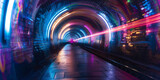 Fototapeta Przestrzenne - High-speed light trails through the tunnel, 3d colorful blue red pink  oraange glowing grid tunnel with black hole, Cosmic wormhole. Abstract colorful  tunnel banner	
