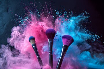 A picture of three make up brushes and pink an blue powder splashes behind the, with a black background, AI Generated.