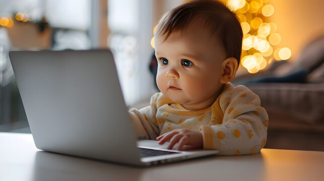little baby is looking attentively at the screen of laptop in front of him, working with computer. Child and computer concept