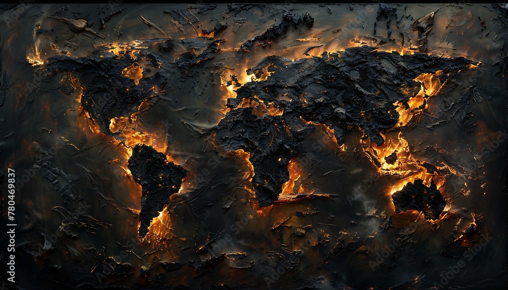 Apocalyptic Earth. Oil, Carbon, Smoke, and Fire ravaged World Map ...