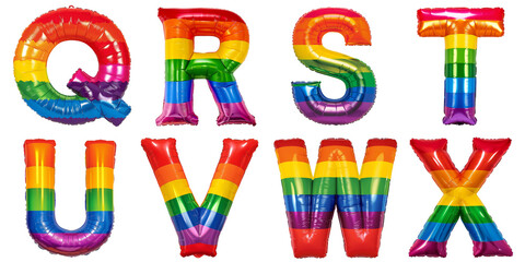 Pride Month Celebration: Rainbow-colored foil balloons shaped as letters Q, R, S, T, U, V, W, X