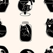 Set of silhouette cats in various glass forms. Seamless pattern. Vector illustration.