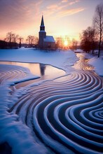 A Serene Snowy Landscape At Sunset, Featuring A Church, Beautiful Sky, And Patterned Snow Around A Partially Frozen Pond