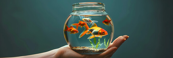 Woman's hand holds small aquarium fishbowl with goldfish on dark background.