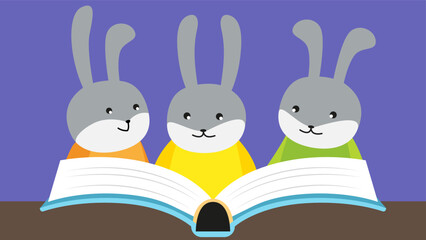 Wall Mural - Rabbits reading a book. Vector illustration in cartoon style.