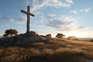 Christian religious cross with a landscape. Christian cross on a mountain. Topics related to the Christian religion. Christian grave.