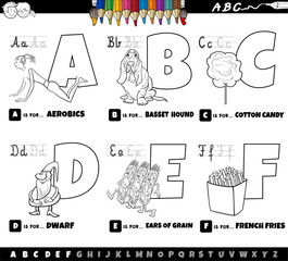 Wall Mural - educational cartoon alphabet letters set from A to F color page