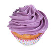 Delicious cupcake with purple cream isolated on white