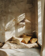 interior of a bedroom, natural boho style, earth colors natural materials and textures