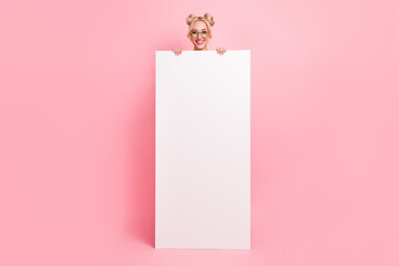 Canvas Print - Full body photo of cute blond lady hide advert wear eyewear isolated on pink background