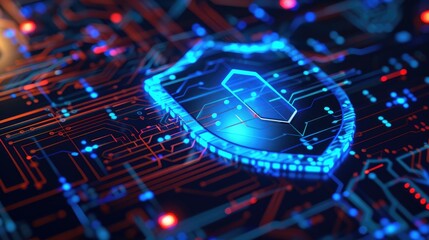 Digital security shield symbol with abstract elements or binary code patterns. Cybersecurity or data protection concept background with free place for text