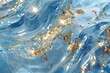 Light blue with bright gold reflections, hologram, flowing fabrics, sparkling water reflections background