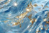 Fototapeta  - Light blue with bright gold reflections, hologram, flowing fabrics, sparkling water reflections background