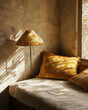 Provencal interior of a bed or sofa with cushons, in earth and ochra colors