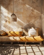 Provencal bed or sofa with cushons, light and shadows from a window, earth and ochra colors, boho style