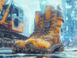 Steel toed boots, Construction equipment conception, futuristic background