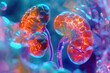 3d render Visualize kidneys damaged by long-term diabetes, colorful, closeup