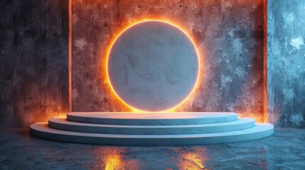 Wall Mural - Podium background 3D light tech stage future platform game abstract. Podium 3D background technology room product circle glow effect portal stand studio scene white design ring modern display space