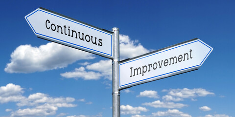 Poster - Continuous improvement - metal signpost with two arrows