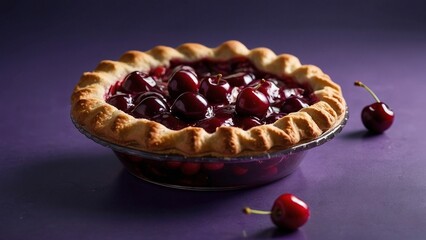 Wall Mural - Tasty delicious cherry pie surrounded by cherries on purple background. Beautiful food meal photography illustration wallpaper concept.