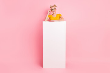 Sticker - Full body photo of nice blond lady near promo wear eyewear t-shirt isolated on pink background