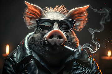 Poster - a pig wearing glasses and a leather jacket smoking a cigarette with a cigarette holder in his mouth and a cigarette in his mouth.