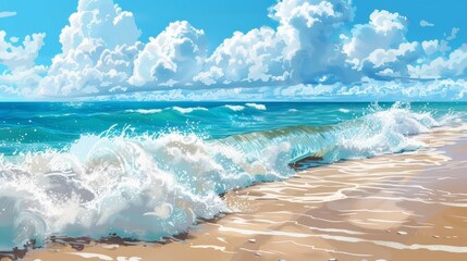 Poster - A cartoon style painting of a beach with waves and clouds, AI