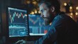 A man with beard sitting at computer screen looking at stock market, AI