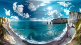 Fototapeta Na sufit - Surreal Seascape in Panoramic View, Vivid Blues Dominating the Scene. An Artistic Digital Creation for Backgrounds and Wallpapers. Tranquil and Dreamy Atmosphere. AI