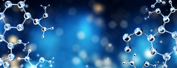 Wall Mural - horizontal banner with model of abstract molecular structure. background of blue color with glass at