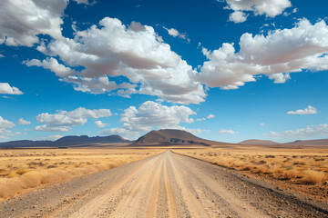 Wall Mural - a dirt road in the middle of a desert with a mountain in the distance and a blue sky with puffy white clouds in the middle of the top of the picture.