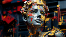 Abstract Paint-Splattered Mannequin Portrait In Vivid Colors Against Dark Background
