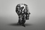 Fototapeta  - Conceptual silhouette head with question marks portraying mental health and confusion
