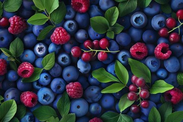 blueberry raspberries and cranberries with green leaves