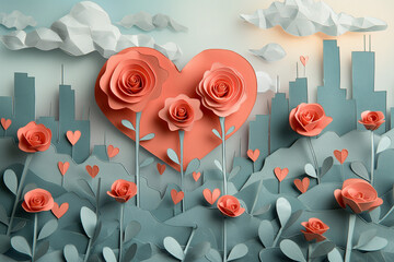 Wall Mural - A paper heart with three roses and a city in the background