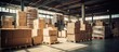 Cargo warehouse with stacked cardboard boxes on pallets for distribution and sale.