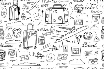 Cute seamless travel pattern in doodle style. Suitcase, baggage, plane, fly, ticket, postcard, flight, boarding pass, clouds, view from the window, passport stamp, passport, route. Hand drawn