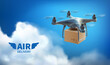 3D Realistic vector quadcopter with a portable camera on a blue sky background, delivery of a cardboard box drone by air
