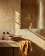 Beautiful elegant bathroom in earth colors with textured walls, light and shadows, natural living
