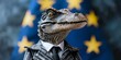 Alligator in Business Suit and Tie against the backdrop of the EU flag