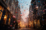 Fototapeta Tęcza - Multicolored confetti in the air on the street