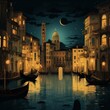 Night Italy Old Town Night Street Illustration. Italian Vintage House Architecture with River, and Apartment Facade Cityscape. Mediterranean Suburban Europe District.