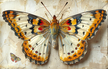 Wall Mural - Vibrant painted butterfly with outstretched wings, featuring intricate patterns and colors, set against a textured, neutral background with a smaller butterfly in the corner.