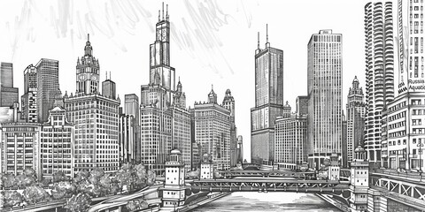 An hand drawn illustration sketch of a cityscape of a futuristic city with skyscrapers and buildings with a black pencil of white canvas, line art for architecture banner website, AI Generated.