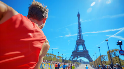 male runner completing marathon with eiffel tower in background. runner in paris, france. sporting e