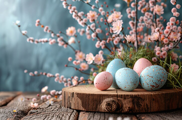 Wall Mural - Easter eggs painted in pastel colors with speckled designs, arranged on a wooden surface with delicate pink spring blossoms in the background.