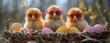 Three adorable baby monkeys sitting in a basket with colorful Easter eggs, one wearing pink sunglasses, against a blurred natural background.
